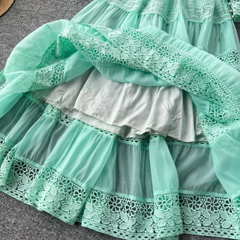 Robe longue élégante en dentelle brodée ajourée, vêtements d'automne pour femmes, manches lanternes, grandes robes trapèze, robe de bal, robe de soirée