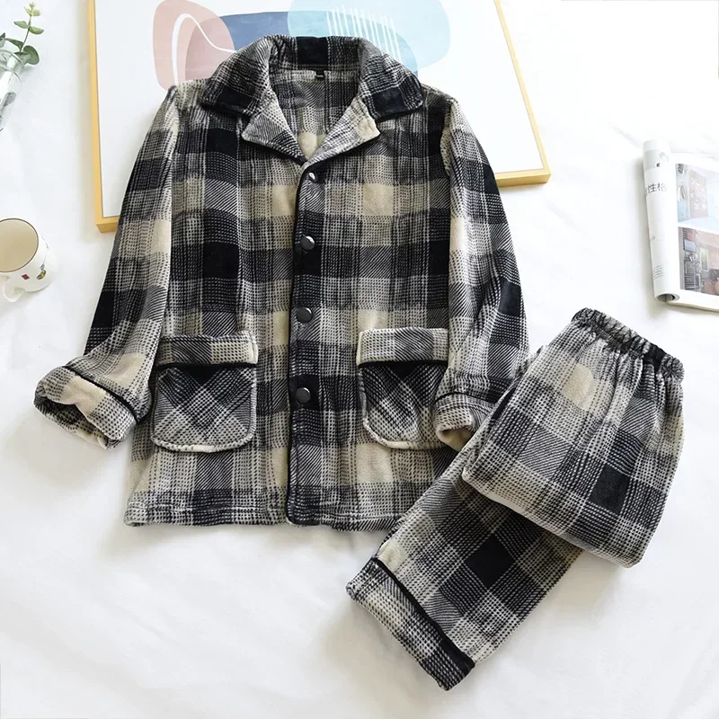 Autumn And Winter New Men\'s Pajamas Long-sleeved Trousers Two-piece Flannel Thickened Warm Home Service Set Plaid Large Size Men