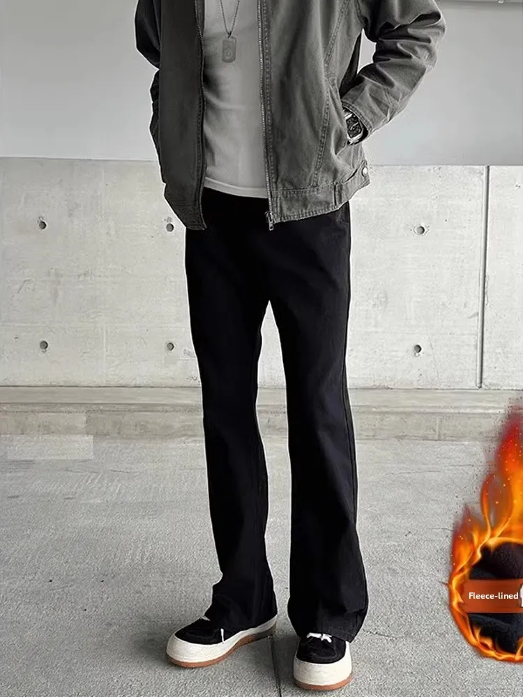 

American High Street Vibe Men's Fce Lined Soft Denim Jeans Straight Leg Micro Flared Pants Winter Wear Youth Faion