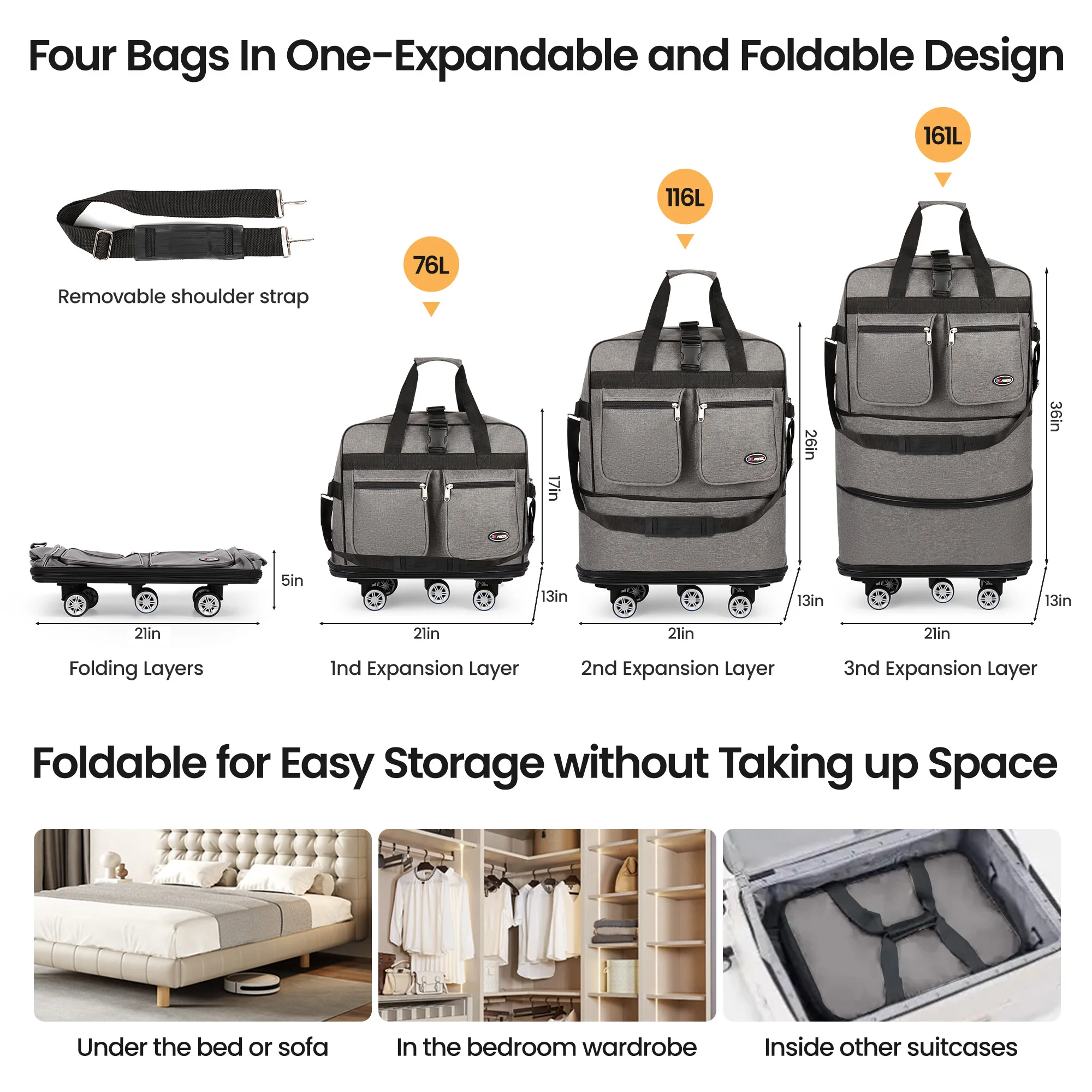 Folding Travel Bag Luggage Compartment Swivel Wheel Storage Box Large Capacity Telescopic Luggage Bag Overnight Bag 30