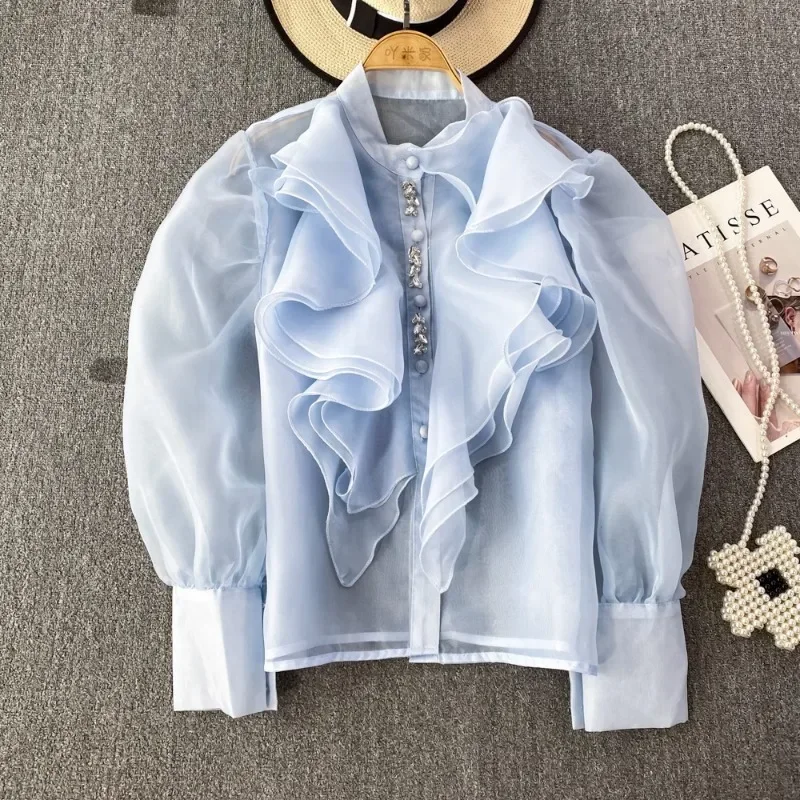 Chic Womens Tops And Blouses Organza Ruffles Blouse For Women Beading Mesh Sheer Blusa Feminina Elegant Korean Fashion