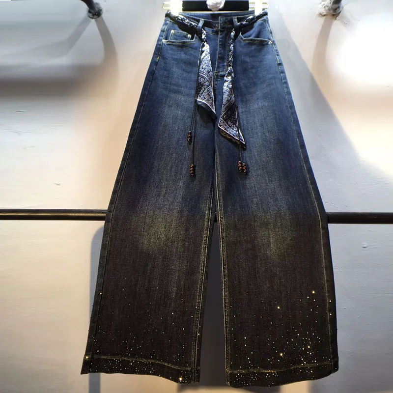

2025 Autumn New Style Pants, Heavy Ironing Rhinestones High Waist Slimming Stretch Straight Jeans, Long Pants for Women