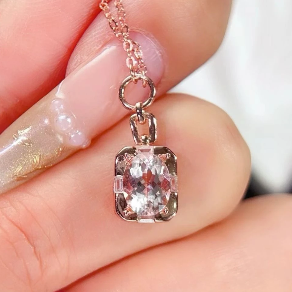 

Natural Morganite Pendant with Certificate Solid 925 Silver 6mm*8mm 1ct Genuine Morganite Necklace Pendant with 18K Gold Plated