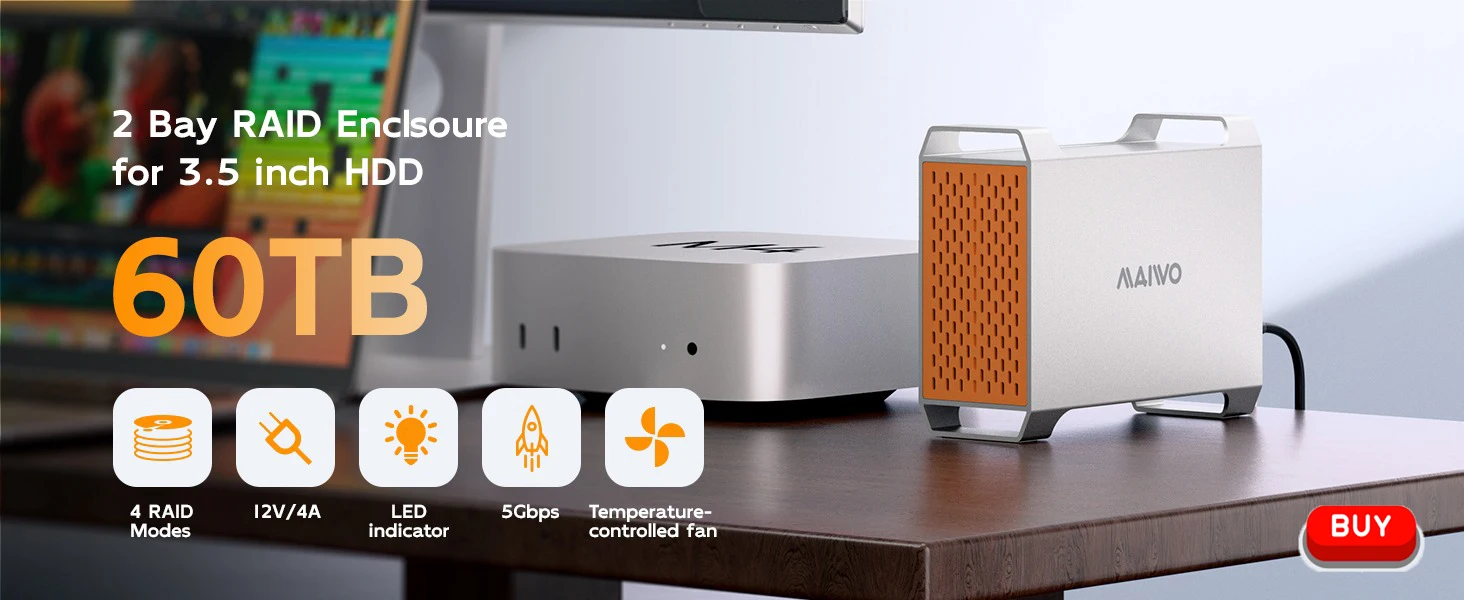 MAIWO 2-Bay-Raid-Gehäuse für 3,5-Zoll-SATA-Festplatten mit 4 Raid-Modi USB3.0-Festplattenadapter für 48TB Kapazität mit Kühlventilator – Detail 2