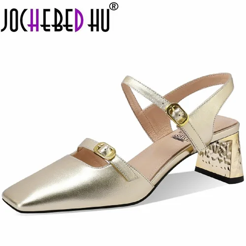 【JOCHEBED HU】nuevos zapatos de cuero genuino para mujer, Sandalias de tacón fino con punta cuadrada, tacones altos sólidos, elegantes para zapatos de fiesta 33-43