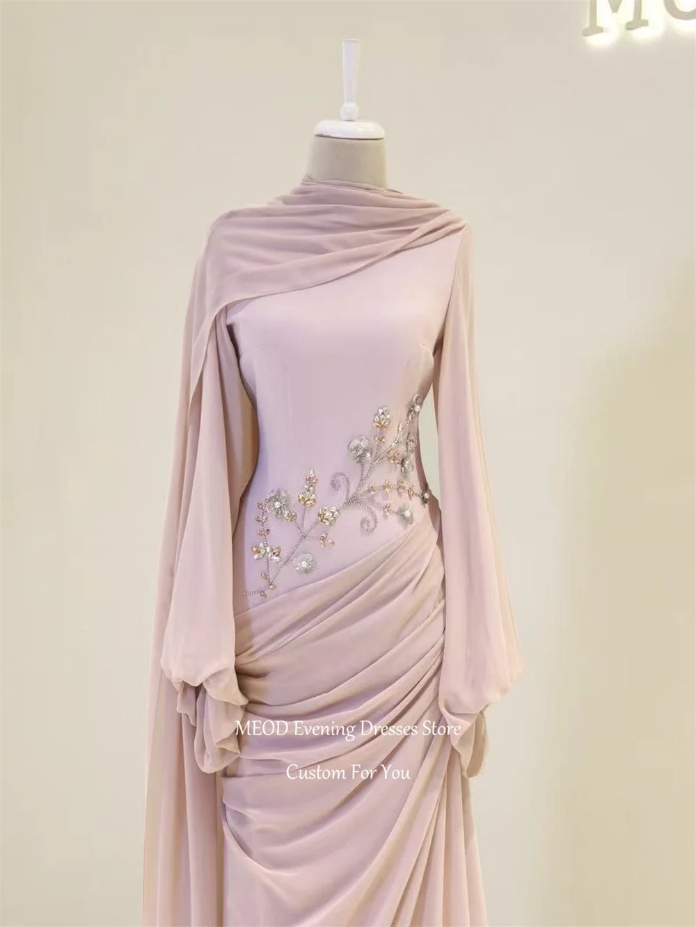 MEOD Sky Bule High Neck Muslim Evening Gown Long Sleeve Dubai Abendkleid Flower Chiffon A line فساتين سهرة Customized image 3