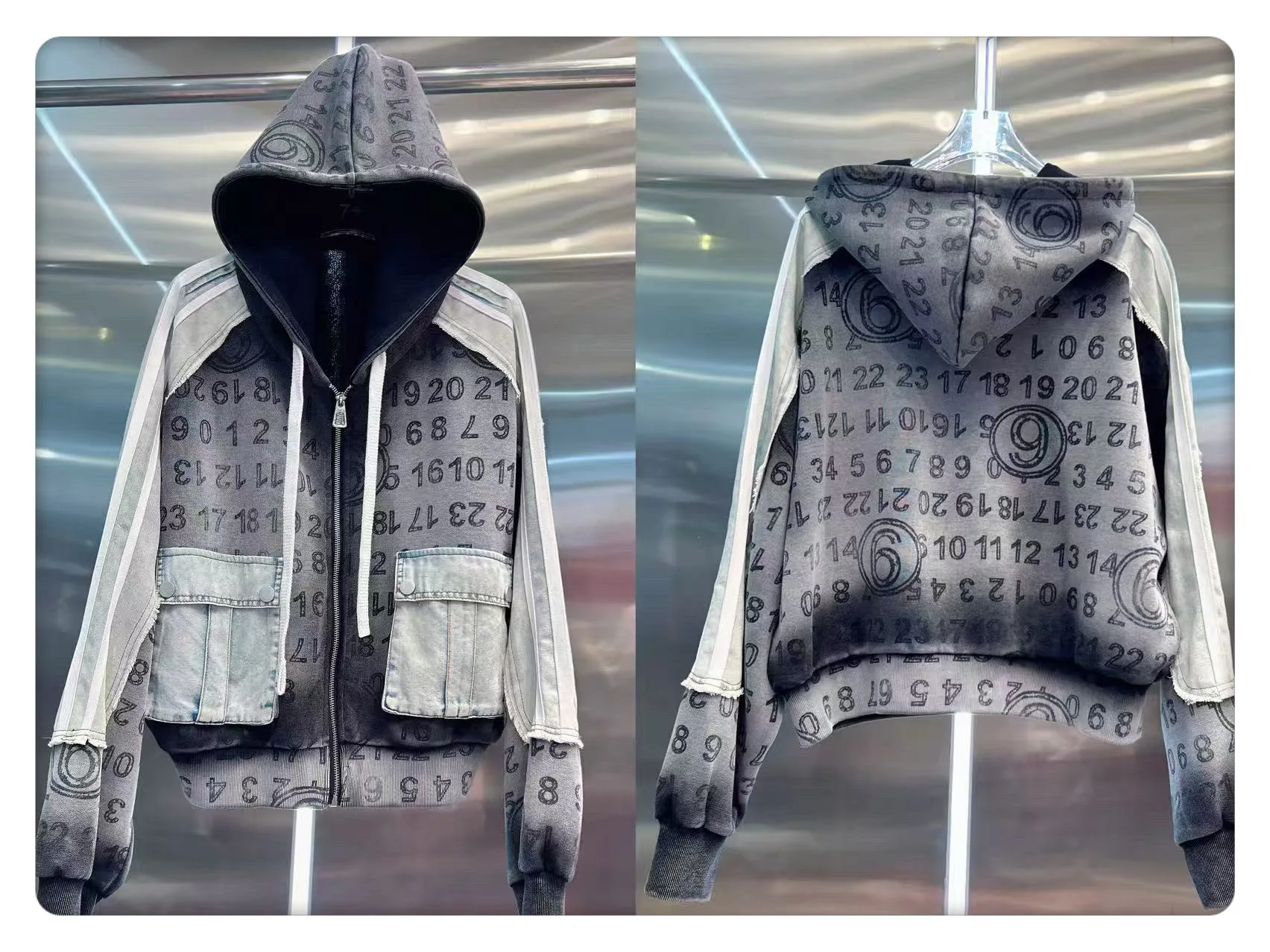 European Style Women's Jacket 2025 Autumn New Heavy Letter Print Patchwork Washed Denim Striped Hooded Jacket Trendy Coat