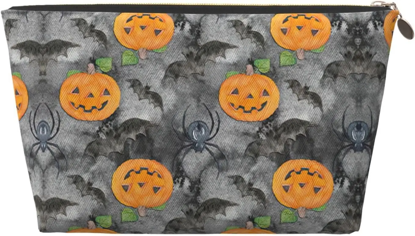 

Gold Leather Travel Toiletry Bag â€“ Halloween Grey Bat Spider Pumpkin Reusable Makeup Organizer, Zippered Canvas Pouch for Dail