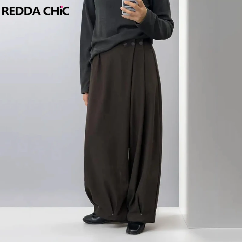 REDDACHiC Button Decor Wide Leg Pants Women Men Brown Solid Pleats Wide Leg Barrel Elastic Waist Long Trousers Office Daily Wear