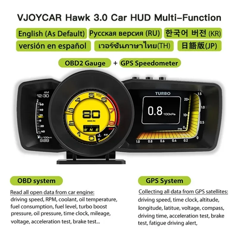 2023 Vjoycar Multiple Interface OBD GPS Heads Up Display Speedometer Smart Gauge OBD2 Car Gps Speed Display OBD2 HUD