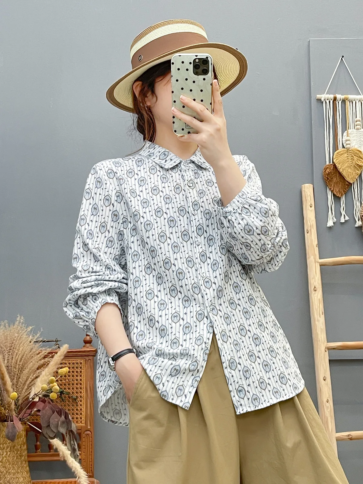 جديد 2025 الخريف قميص قطني بكم طويل نحى ، المرأة بدوره إلى أسفل طوق طباعة ، موري فتاة موضة بلوزة فضفاضة غير رسمية T58981CC #4