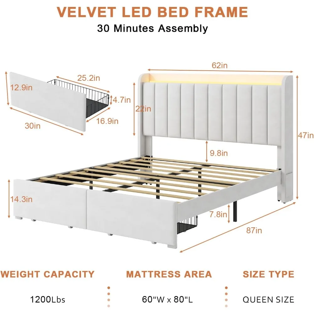 Cadre de lit Queen Size avec wers de proximité et lumières LED, station de charge, support de lattes en bois, cadre de lit à plateforme