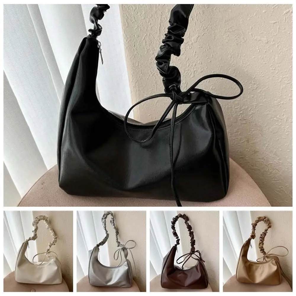 Ruffle Bowknot Shoulder Bag Handbag Zipper PU Leather Bow Tote Bag Crossbody Bag Dumpling Bag Ins Half-moon Underarm Bag