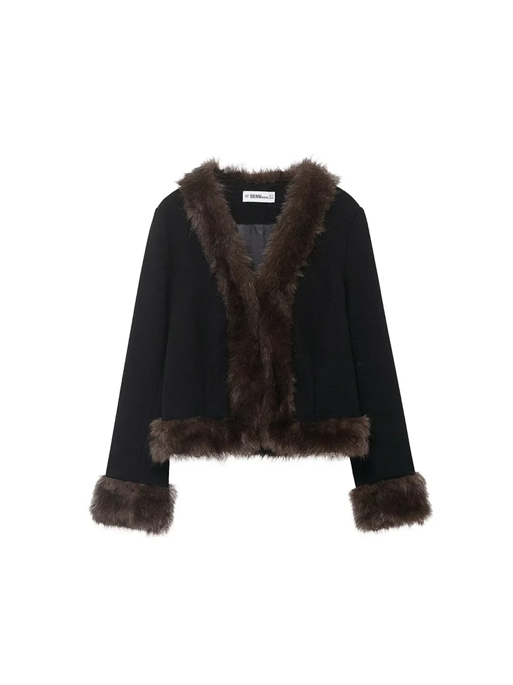 European-style new women's fashionable and versatile elegant fur-trimmed coat with a fitted waist and fur collar.