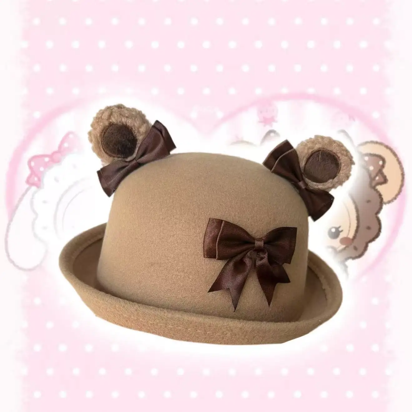 Cute Bear Ear Round Top Hat Chocolate Color Lolita Girl Cap With Bow Winter Infant Headwear Cozy Women Hat Hair Accessory