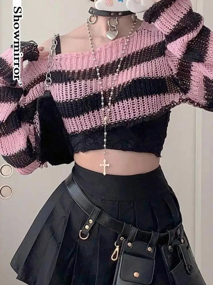 gothic Y2k Girl Crop Sweater cover Black Pink Striped  pullover Long Sleeve Smock Pullovers Kawaii Women Knit Tops clothes