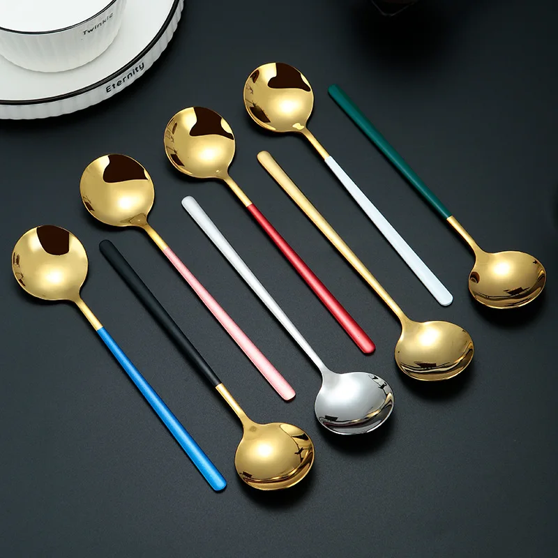 17cm Long Handle Stainless Steel Stirring Teaspoons Round Head Small Coffee Dessert Ice Cream Mixing Spoon Kitchen Tableware