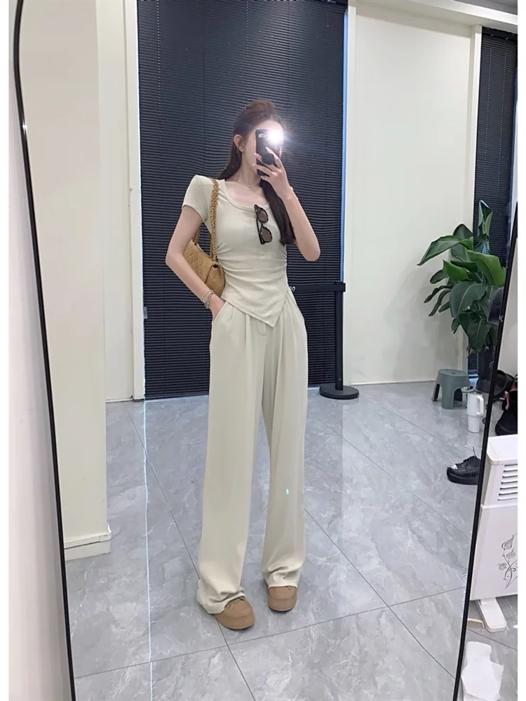 

Летний новый повседневный женский костюм: дизайнерская асимметричная футболка с коротким рукавом и длинные брюки, комплект из двух предметов, маленький размер