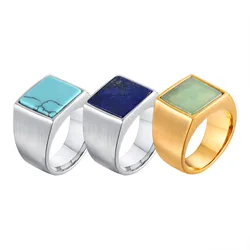 Men's Stainless Steel Square Natural Stone Rings, Lapis Lazuli Turquoise Signet Ring Vintage Jewelry