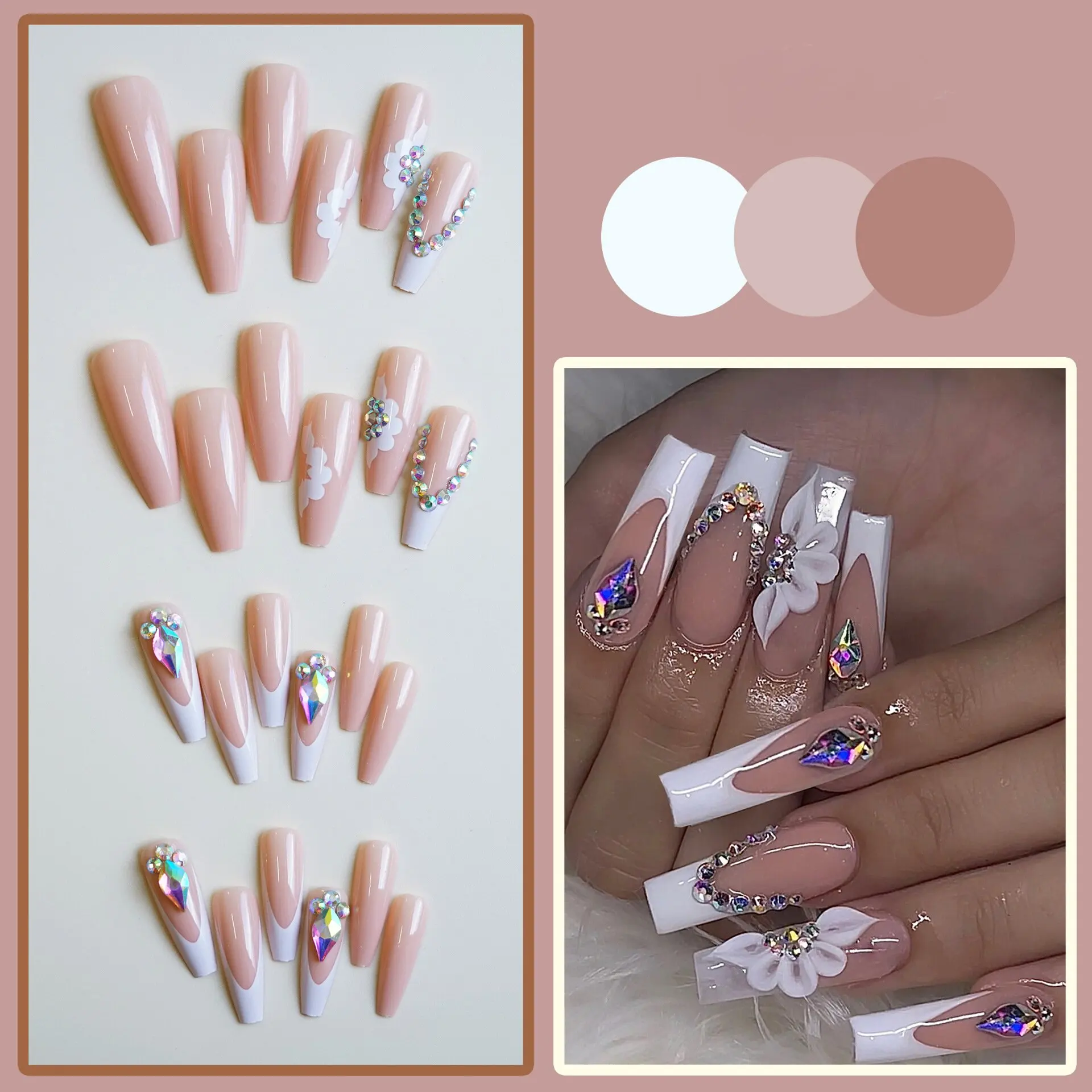 24 pcs Long T colorful flower core fake nail Love With Diamond False Nail Waterproof Gel Fake Nails pressed on the nail