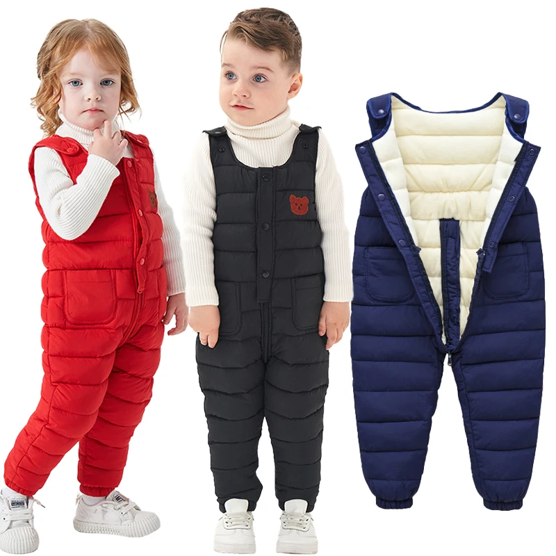 Neue Herbst Winter Jungen Mädchen Overalls Cartoon Bär Innere Futter Mit Samt Warme Insgesamt Hosen Für Kinder Kinder Bodys