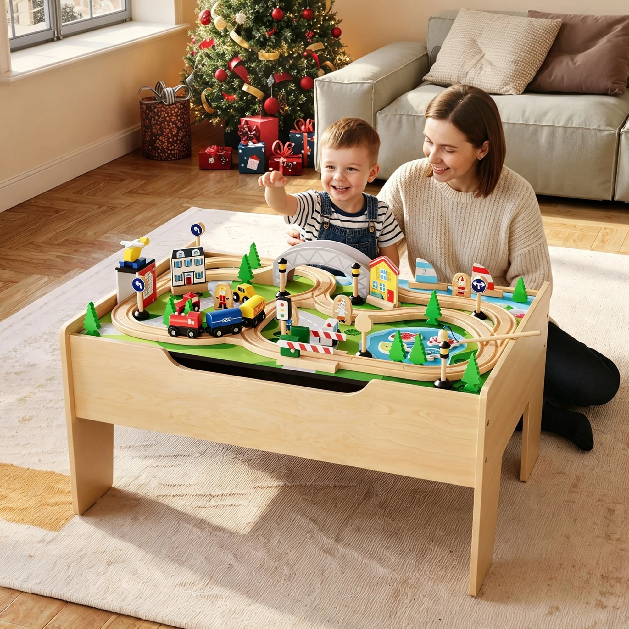 78 Piece Wooden Train Table Set For Kids, Reversible Activity Table With Storage Drawer, Train Tracks, Cars And Toys, Ages 3+