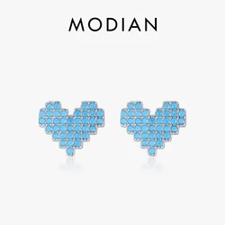 Modian 925 Sterling Silver Vintage Turquoise Stud Earrings for Women Romantic Heart Ear Studs Hypoallergenic Fine Jewelry