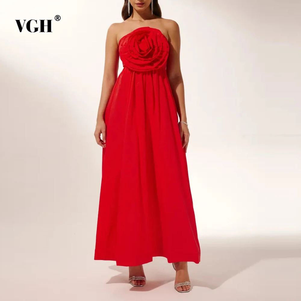 

VGH Solid Temperament Spliced Appliques Dresses For Women Strapless Sleeveless High Waist Draped Elegant Dress Female Fashion