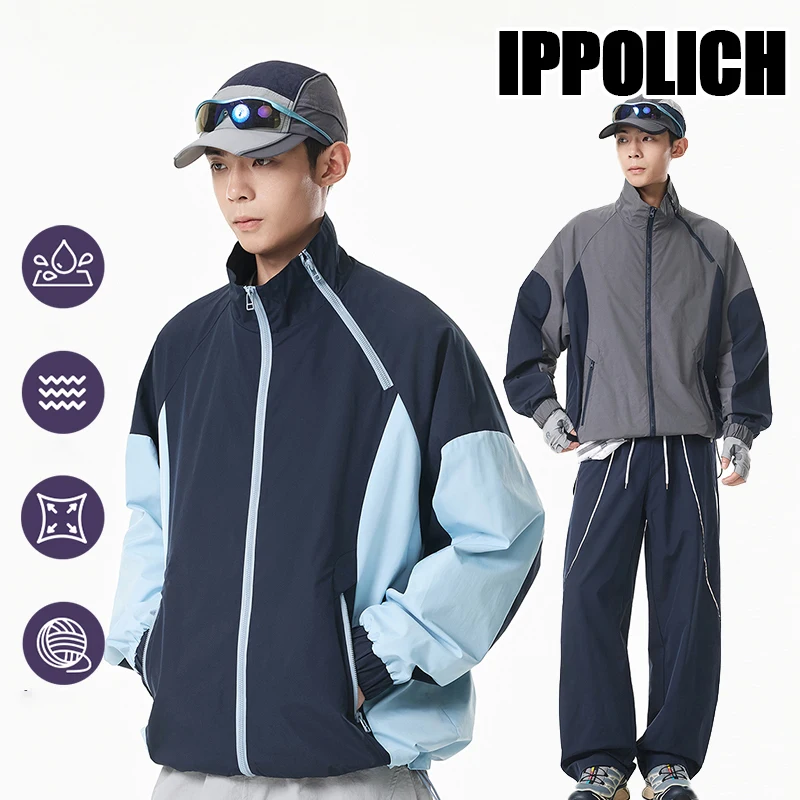 Unisex Waterproof Outdoor Zipper Jacket Color‑blocked Windproof Oversized Street Style Stylish Stand Collar Hiking Outerwear