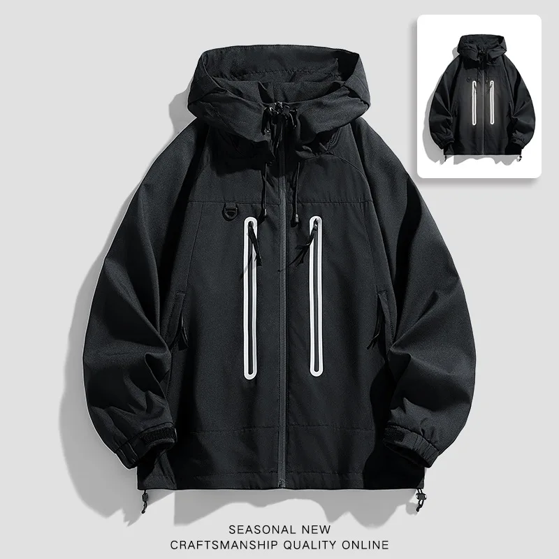 men jacket retro color-matched  coat with loose and cool style. Men's reflective strip hooded workwear outdoor storm jacket