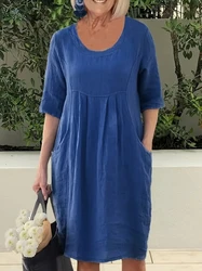 Cotton Leprosy Five-Sleeved Plain Colored Casual Dress