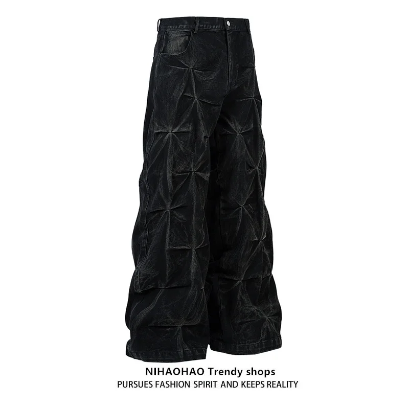 

NIHAOHAO Original Streetwear High Waist Straight Leg Pleated Crt Wide Leg Pants American Retro High Street Jeans for Teens