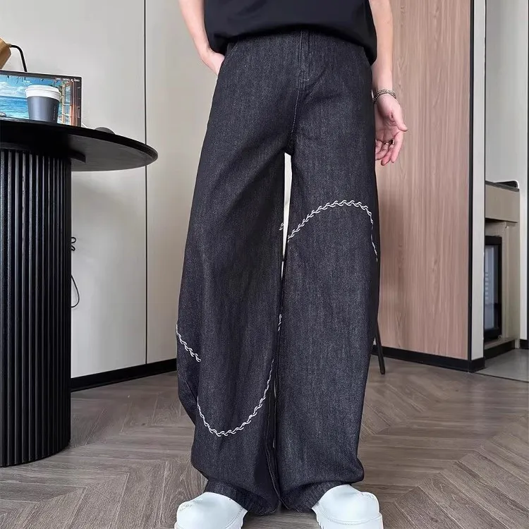 

Retro American Embroidery Design Curved Knife Jeans Men's Pure Color High Waist Loose Wide Leg Casual Floor-Length Pants