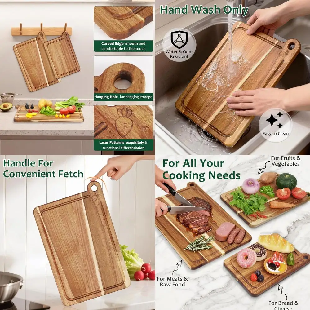 

Набор разделочных досок из 3 предметов из дерева акации с глубокими канавками для сока, встроенными ручками для измельчения на кухне, мяса, овощей и сыра C