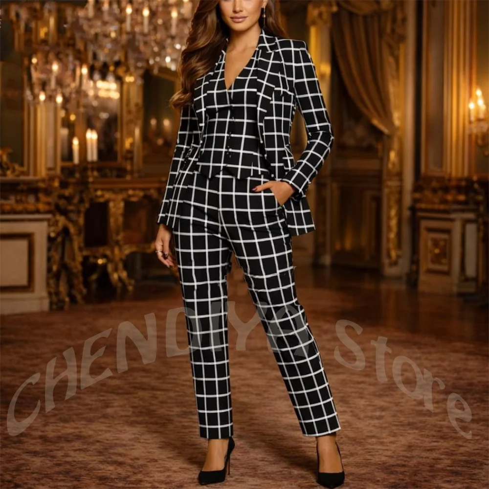 Black Plaid Luxury Suit for Women Notched Lapel Ankle Length Elegant Classic Female Clothing Office Lady Outfit 3 Pieces