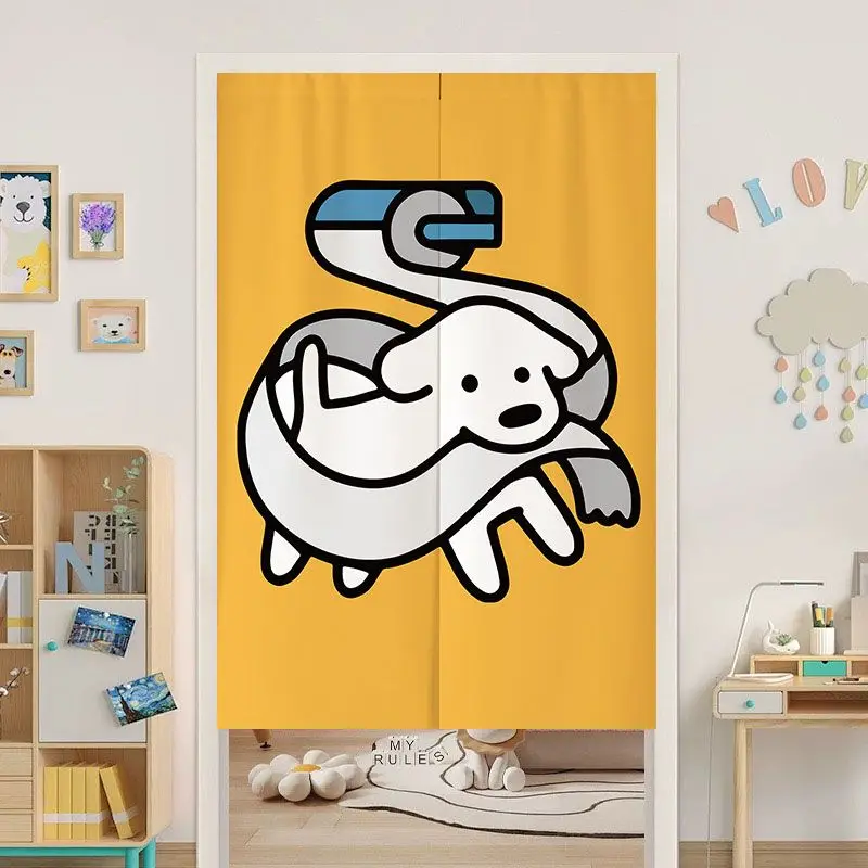 VIKAMA Minimal Cartoon Puppy Working Noren Split Door Curtain Room Divider Privacy Curtain for Kids Bedroom Sweet Home Decor