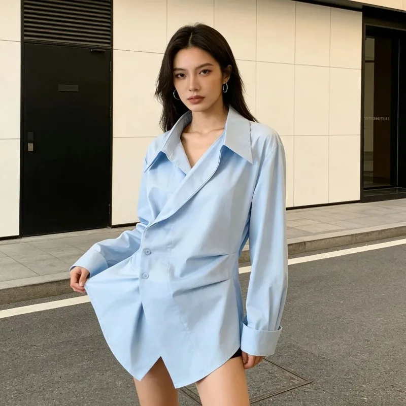 Sleeveless V Neck Slim Fit Casual Top Fashionable Chic Irregular Waist-fitting Tops Elegant Office Lady Turndown Collar Shirt