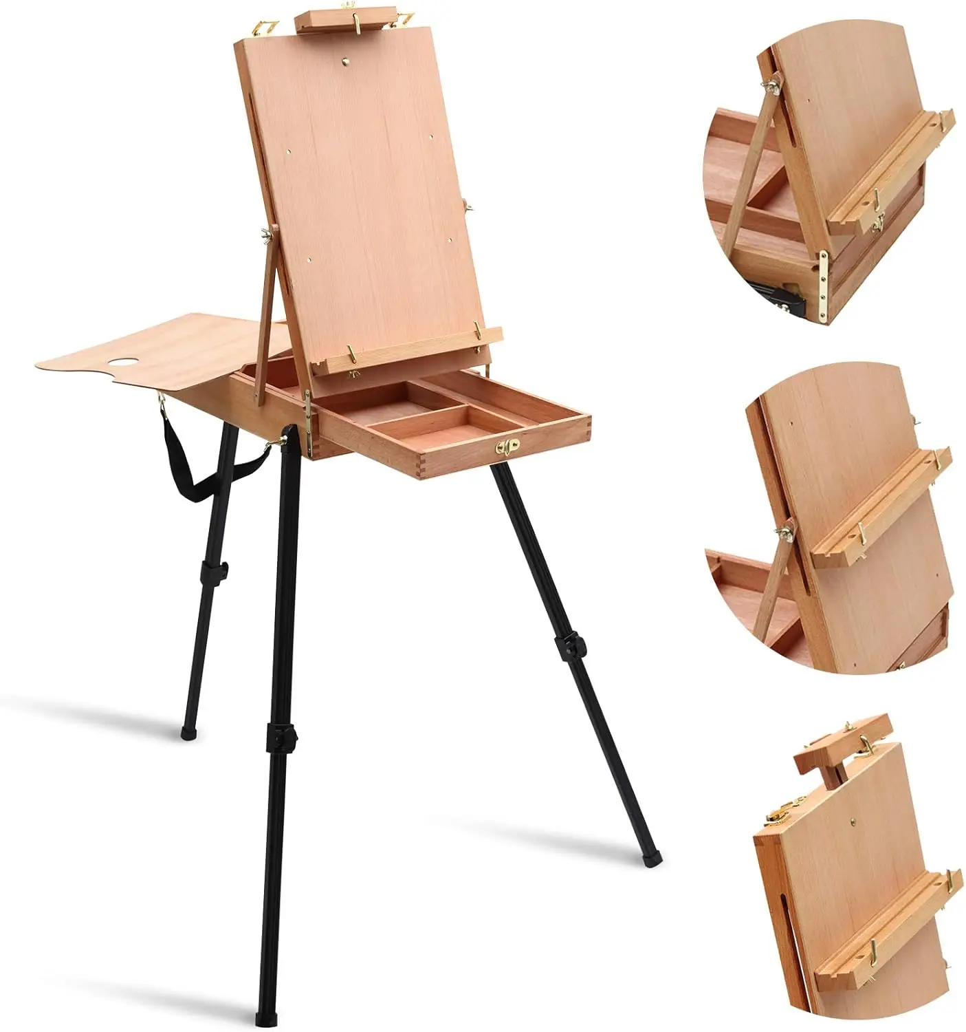 

Lightweight French Style Field Easel with Adjustable Beechwood Tripod and Drawer, Aluminum Stand