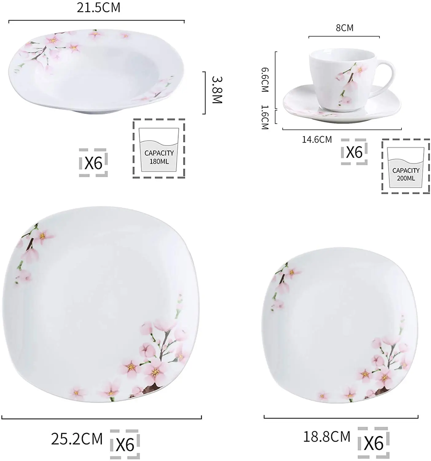 VEWEET ANNIE 30-Piece White Ceramic Pink Floral Porcelain Plate Set with Dinner Soup Dessert Plate,Coffee Cups and Saucer for 6