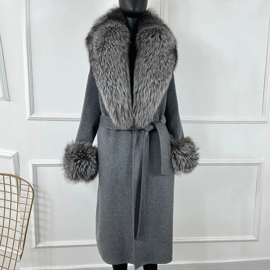 Women Cashmere Cardigan With Fur Natural Silver Fox Fur Coat Long Wool Blends Coat Rela Fur Collar Cuffs 2024 Best Selling