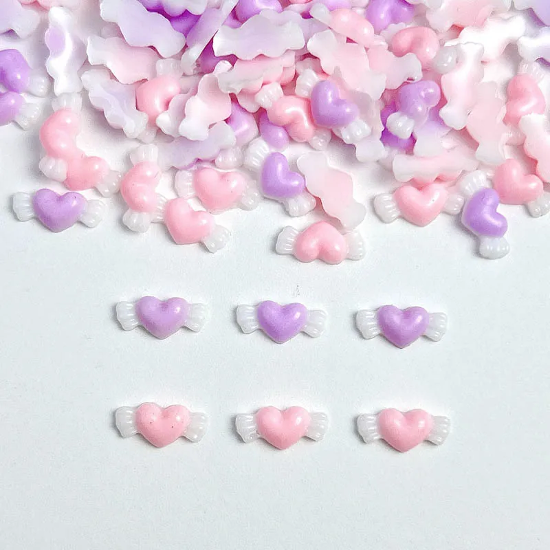 Mini dijes de uñas de ala de corazón, decoración de corazón de resina plana, Rosa luminoso, púrpura, bricolaje, accesorios de diseño artístico, 30 piezas