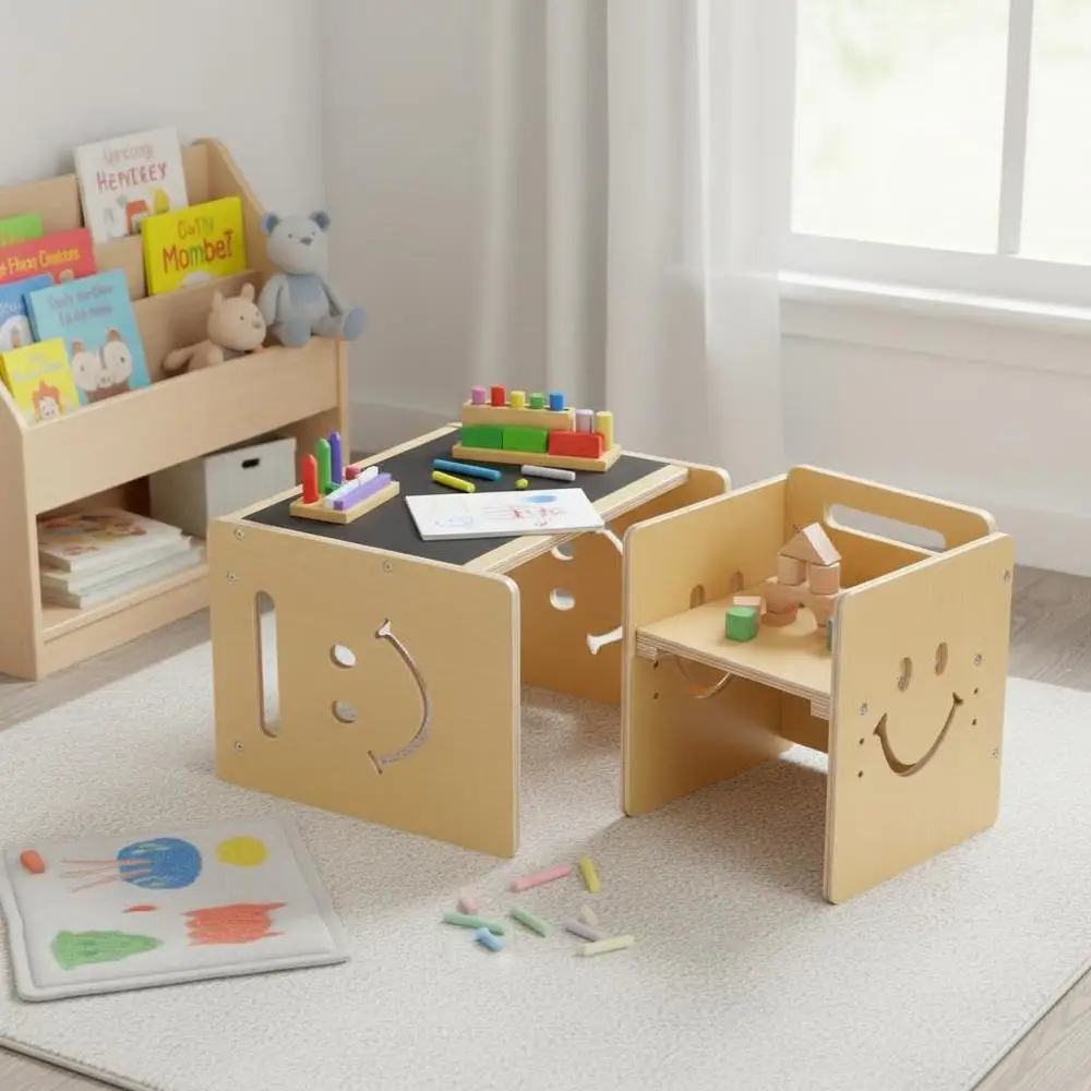 Ensemble table et chaise (avec tableau noir) en bois, chaise réglable en hauteur, table d'activités, table de jeu, idéal pour la lecture, la salle à manger et les jeux – Naturel