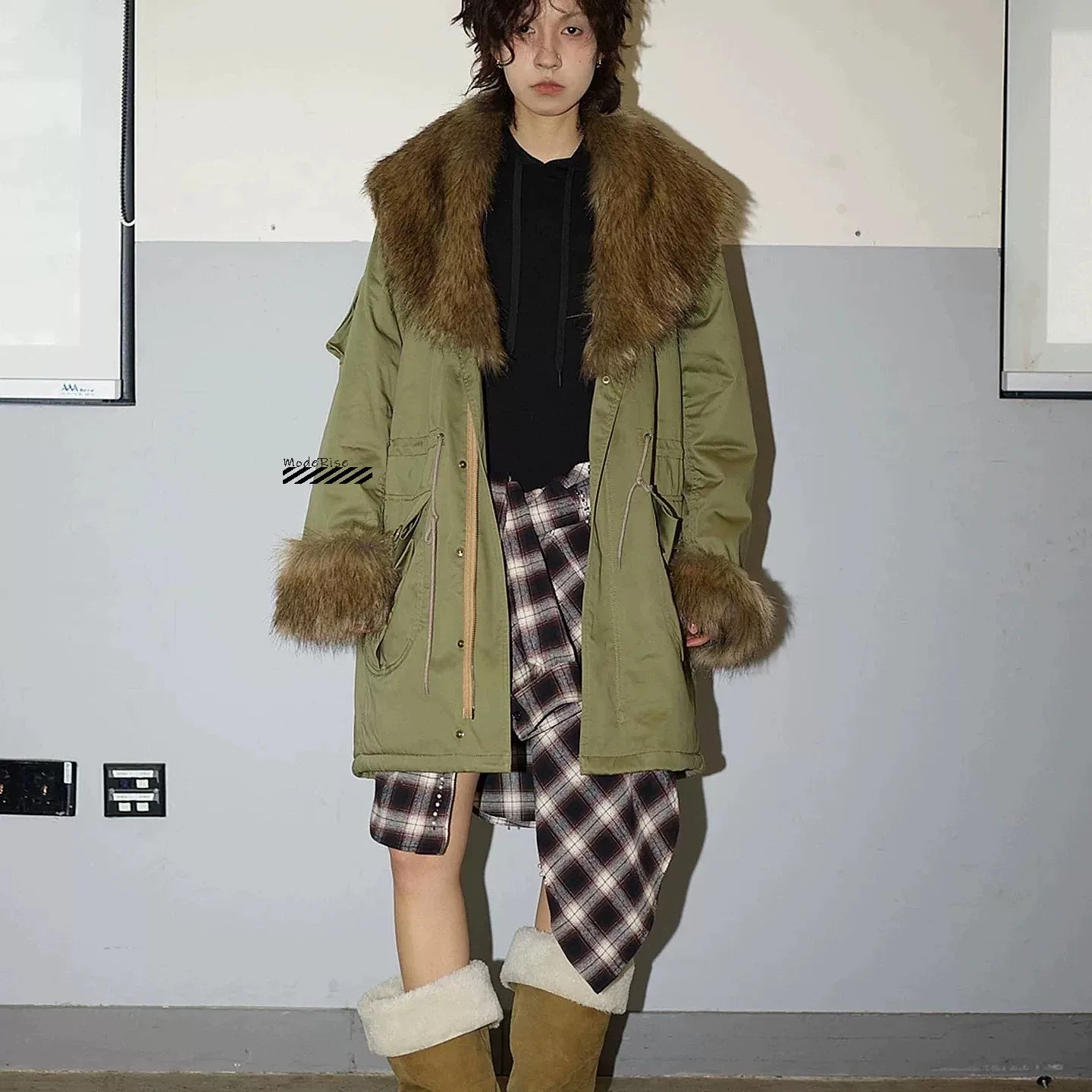 

Detachable Fur Collar Cotton Jacket Mid-Length Coat Openyy Autumn Winter Removeable Hooded Zipper Closure Color Women's...