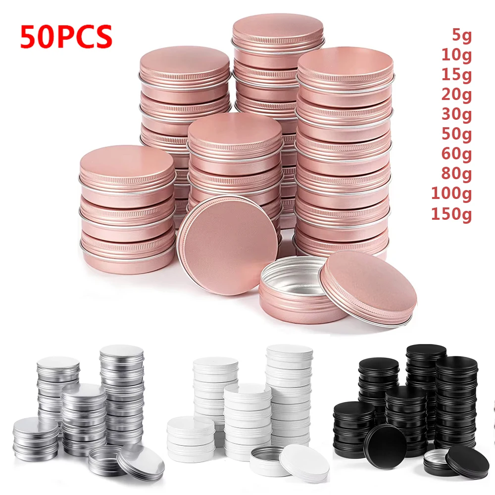 Tarros vacíos de aluminio para cosméticos, envases de Metal de 5g, 10g, 15g, 20g, 30g, 50g, 60g, 80g, 100g, crema para ojos, bálsamo labial y brillo, 50 unidades