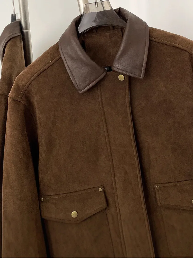 ZMEENNA ダークブラウンフェイクスエードジャケット女性用ボタン 2 つのポケットスタイリッシュで暖かいカジュアル冬アウター ZM4039