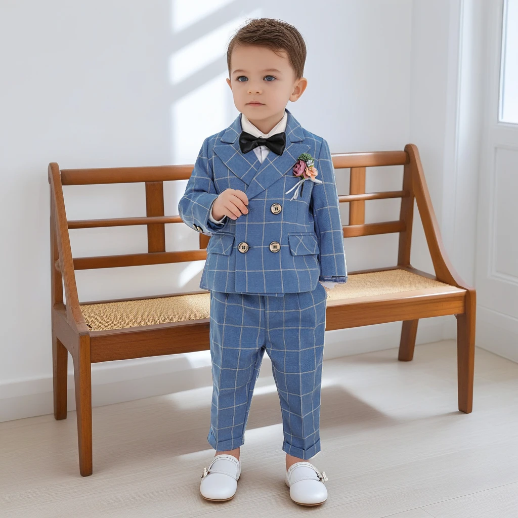 Boys Formal Suit Handsome Plaid Wedding Blazer Set for Children Birthday Photography Costume School Chorus Performance Costume