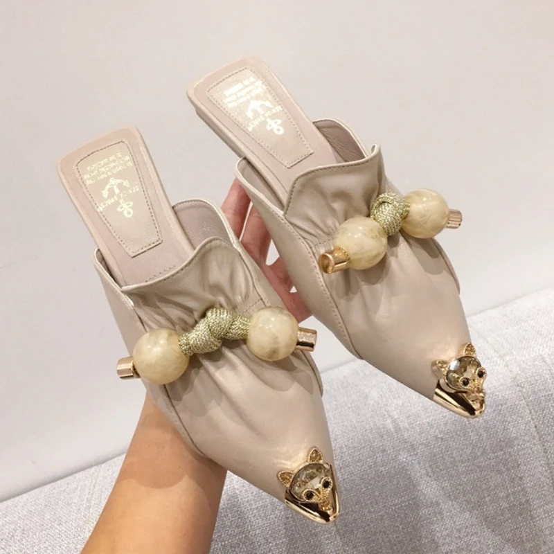 

Women's Pointed Toe Semi Slippers Spring Fashion Versatile Thick Heel Headed Sandals No Back Heel mid Heel Slippers