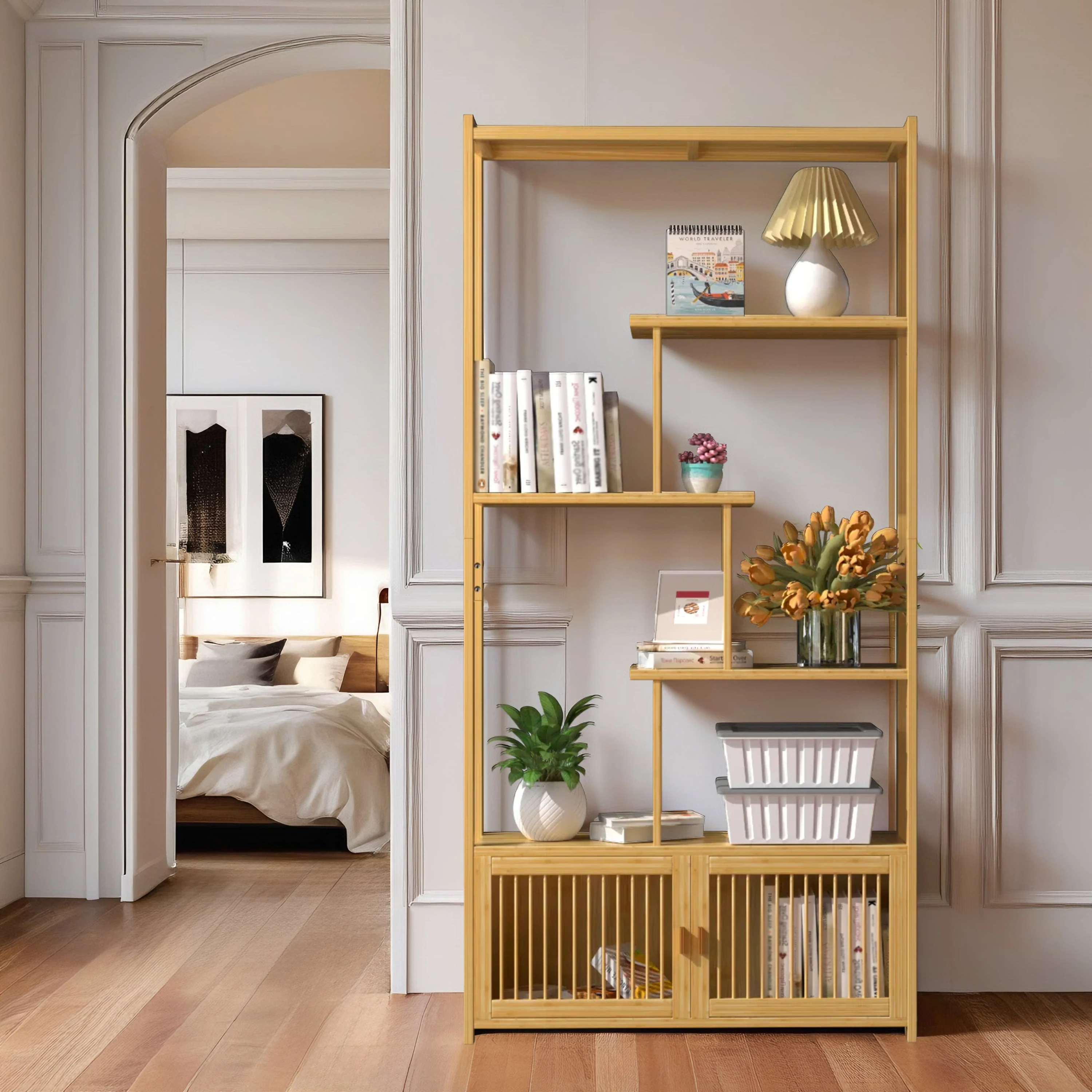 6 Tier Bamboo Bookshelf Bamboo Storage Rack with Cabinet Display Rack Storage Organizer for Living Room Home Office