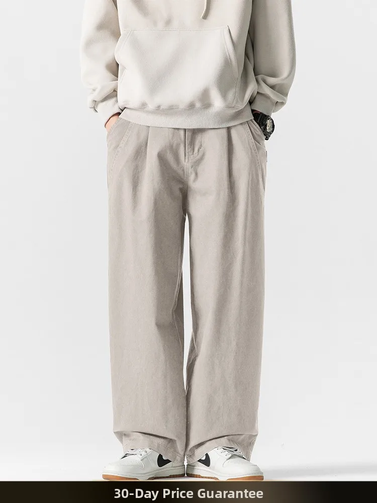 

Retro Waed Straight Leg Workwear Trousers for Men Casual All-Match Pure Color Loose Leg Long Pants Autumn Season