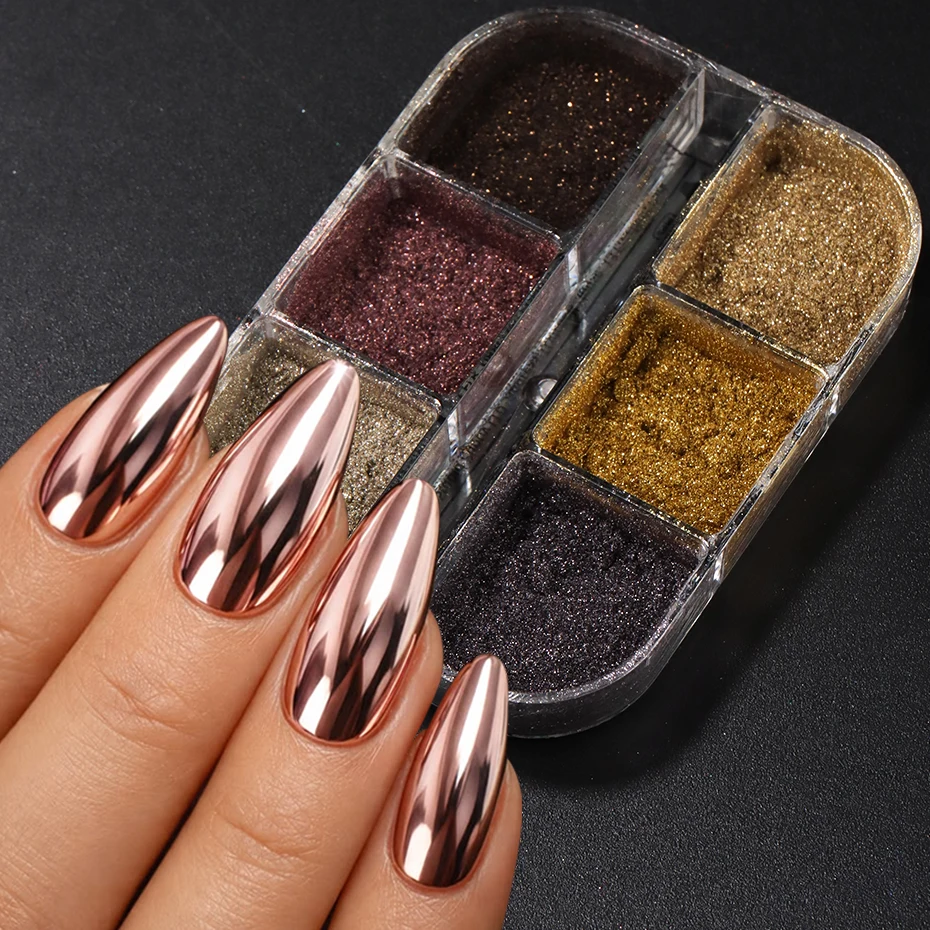 6 Grids Maillard Chrome Nail Powder Metallic Magic Mirror Rose Golden Yelllow Glitter for Nails Autumn Y2K DIY Manicure Deco